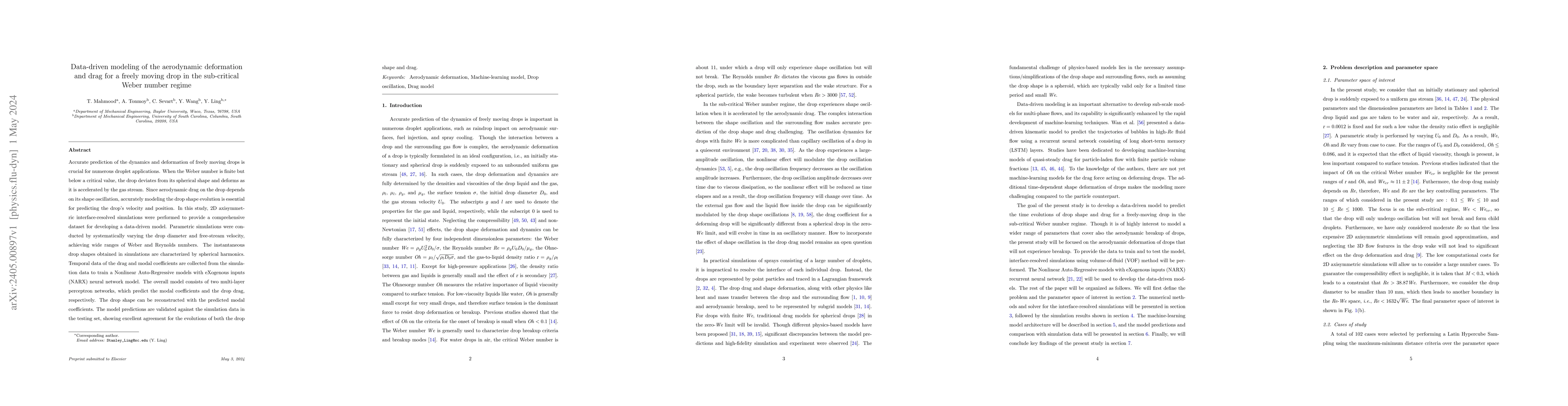 Thumbnail for Data-driven modeling of the aerodynamic deformation and drag for a
  freely moving drop in the sub-critical Weber number regime