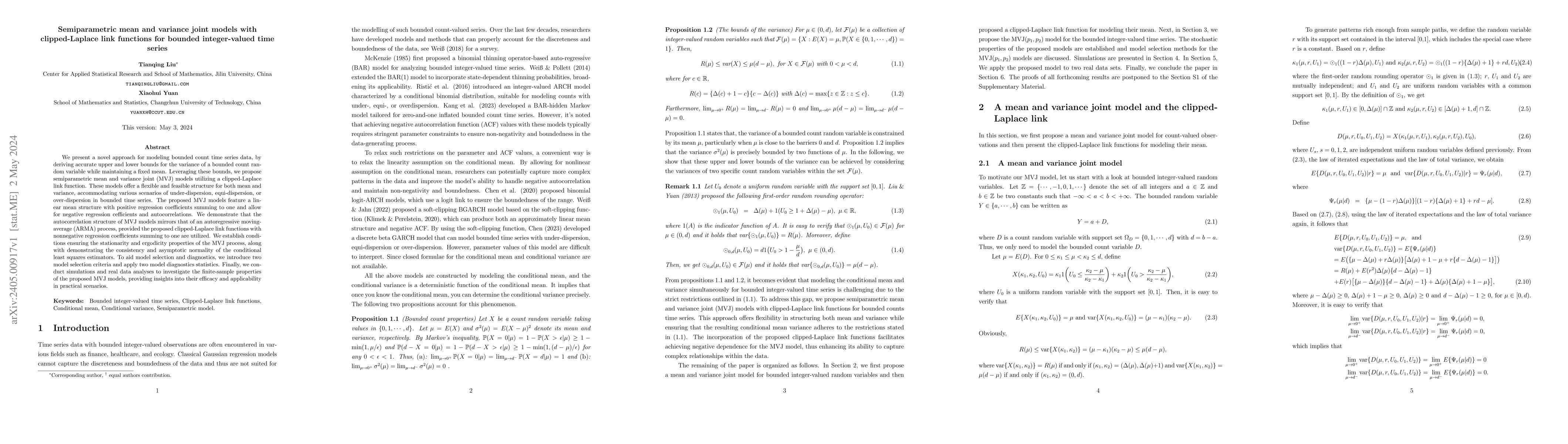 Thumbnail for Semiparametric mean and variance joint models with clipped-Laplace link
  functions for bounded integer-valued time series
