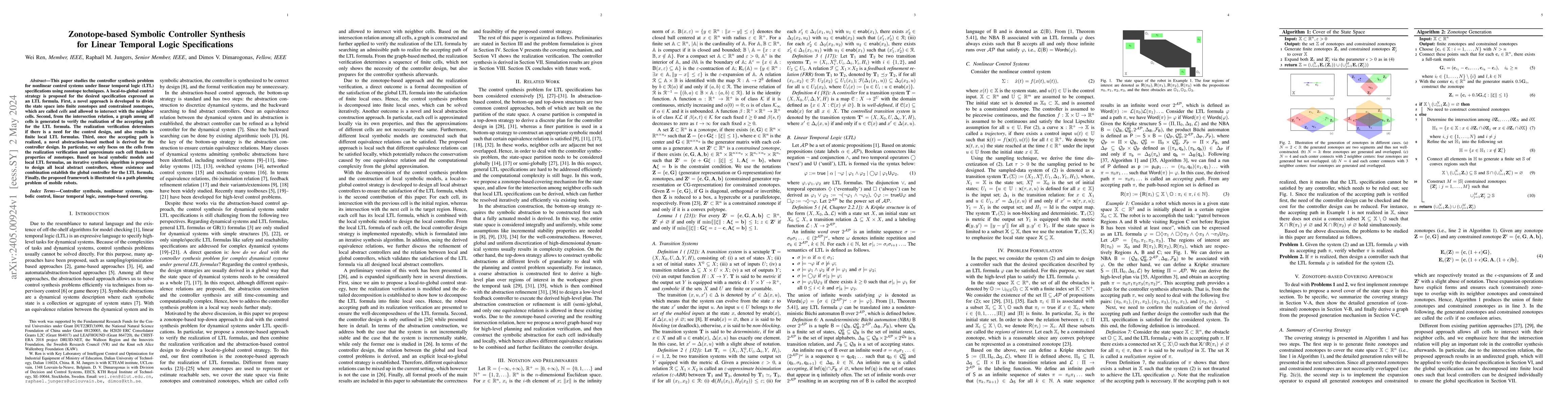 Thumbnail for Zonotope-based Symbolic Controller Synthesis for Linear Temporal Logic
  Specifications