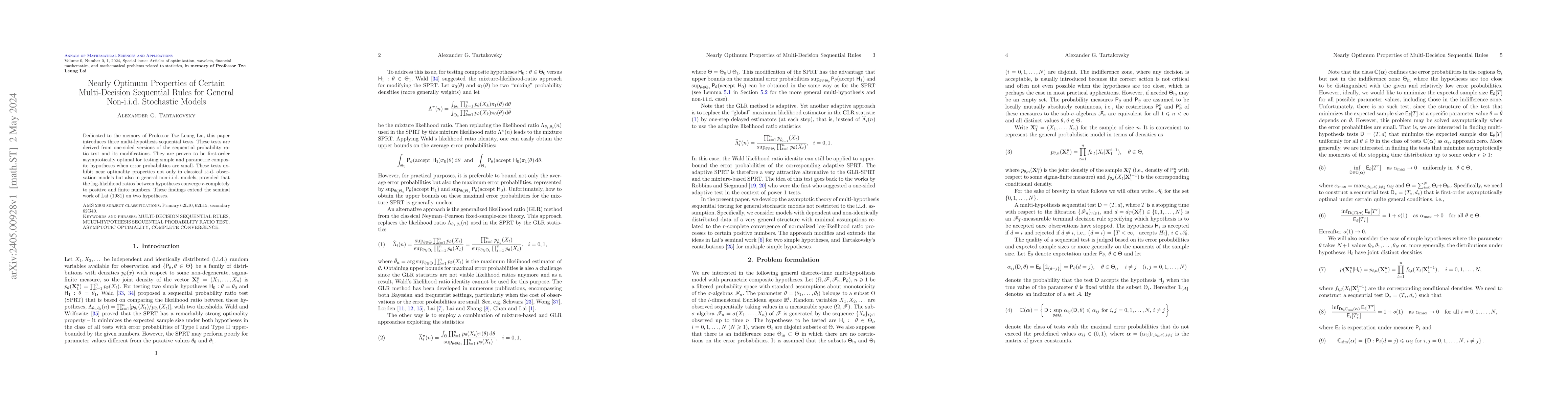 Thumbnail for Nearly Optimum Properties of Certain Multi-Decision Sequential Rules for
  General Non-i.i.d. Stochastic Models