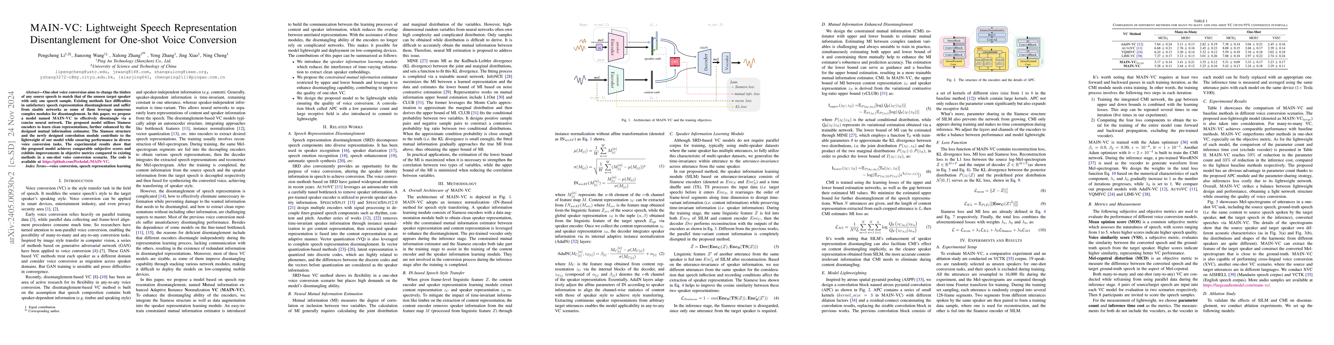 Thumbnail for MAIN-VC: Lightweight Speech Representation Disentanglement for One-shot
  Voice Conversion