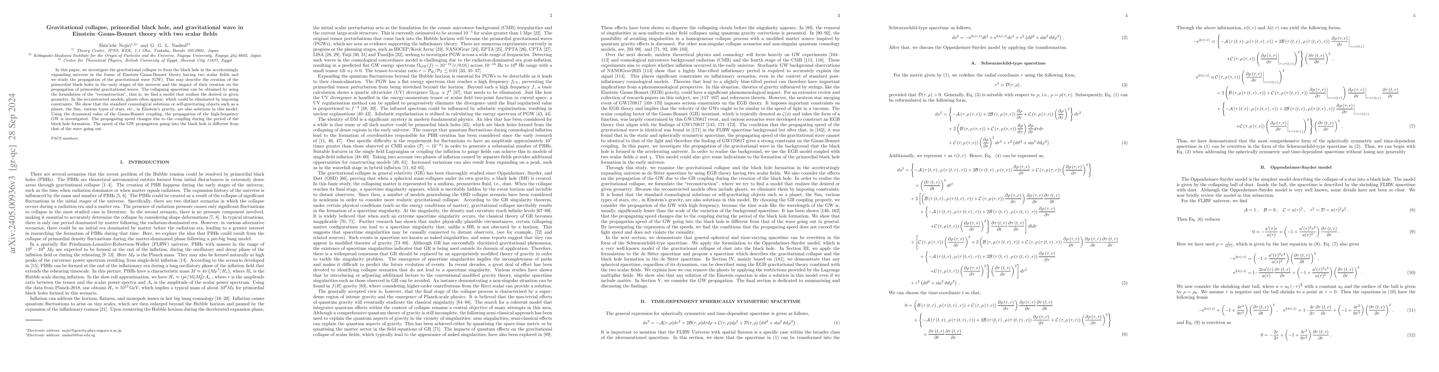 Thumbnail for Gravitational collapse and gravitational wave in Einstein--Gauss-Bonnet
  theory with two scalar fields