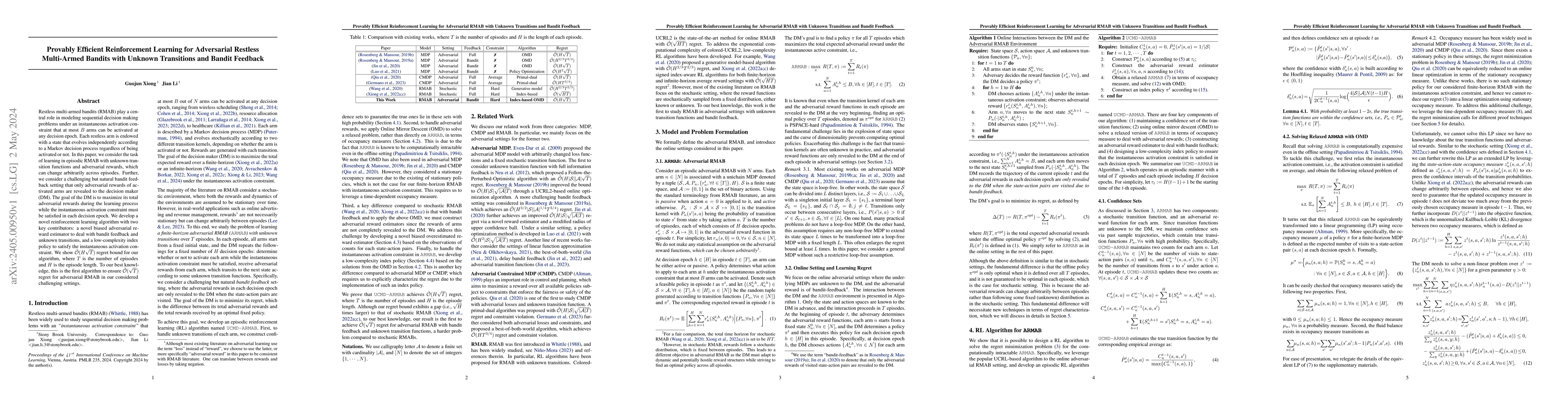 Thumbnail for Provably Efficient Reinforcement Learning for Adversarial Restless
  Multi-Armed Bandits with Unknown Transitions and Bandit Feedback