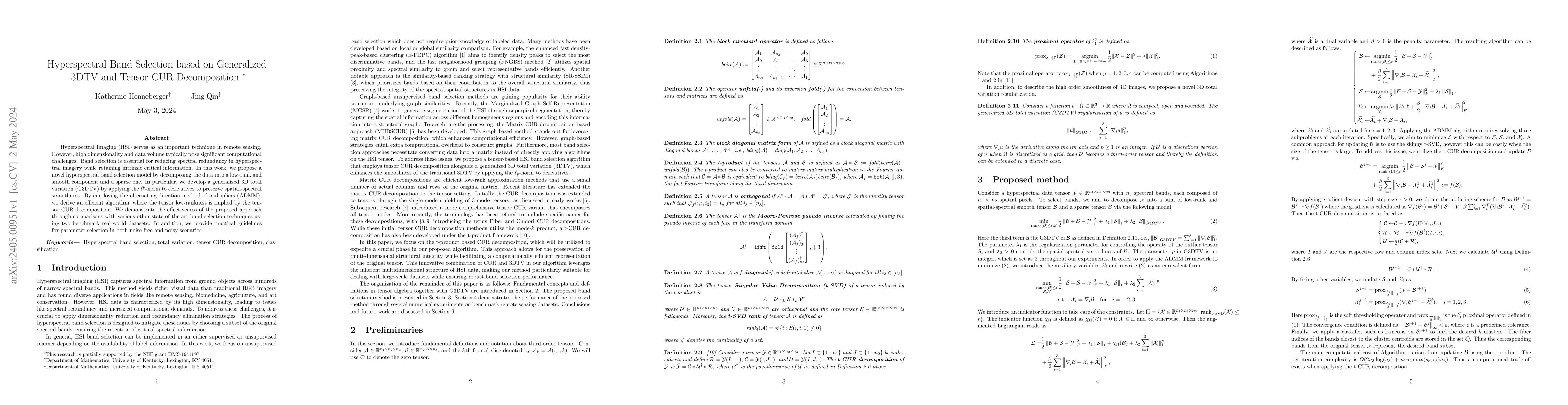 Thumbnail for Hyperspectral Band Selection based on Generalized 3DTV and Tensor CUR
  Decomposition