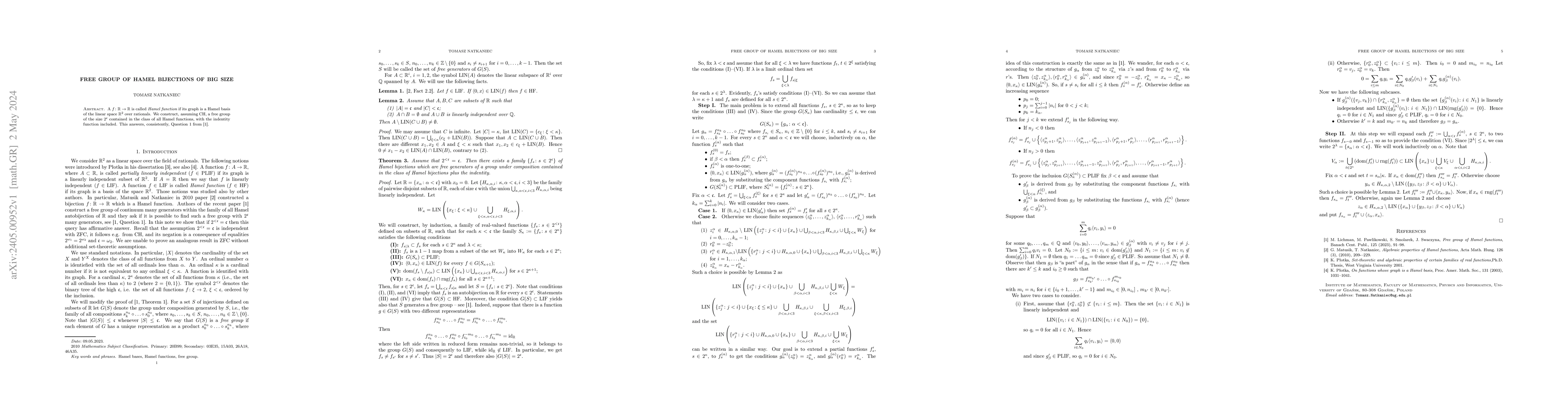 Thumbnail for Free group of Hamel bijections of big size