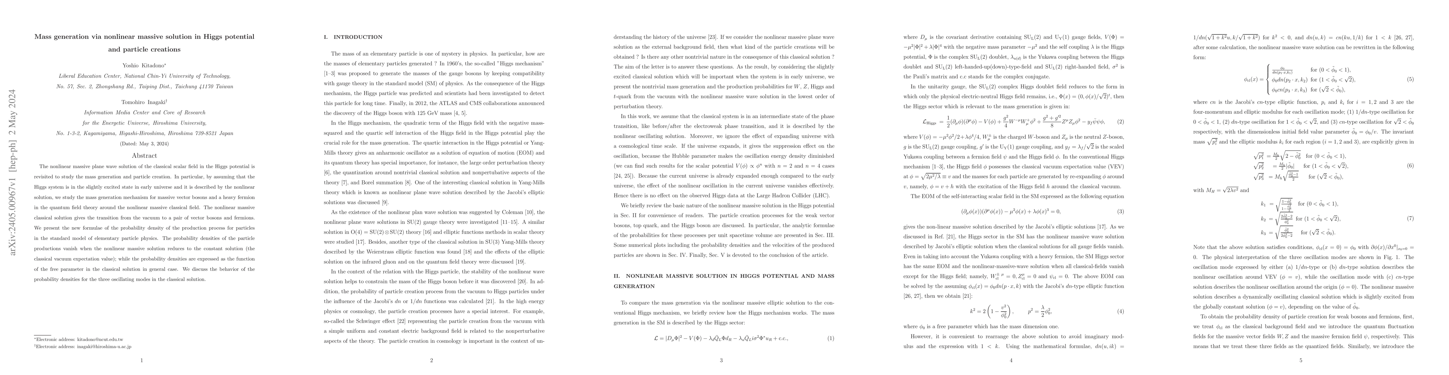 Thumbnail for Mass generation via nonlinear massive solution in Higgs potential and
  particle creations