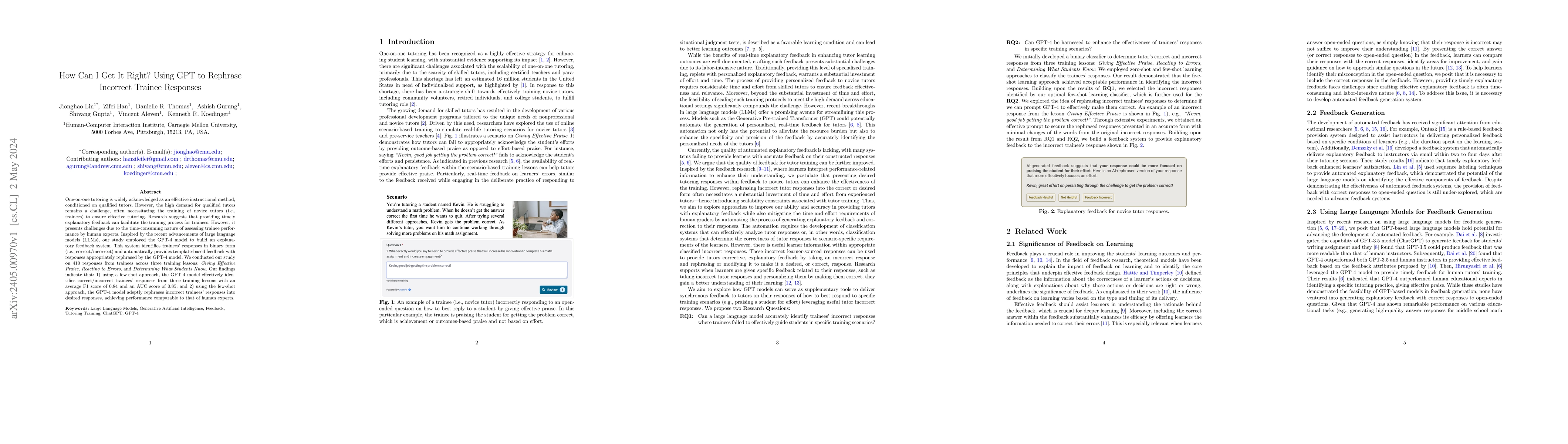 Thumbnail for How Can I Get It Right? Using GPT to Rephrase Incorrect Trainee
  Responses