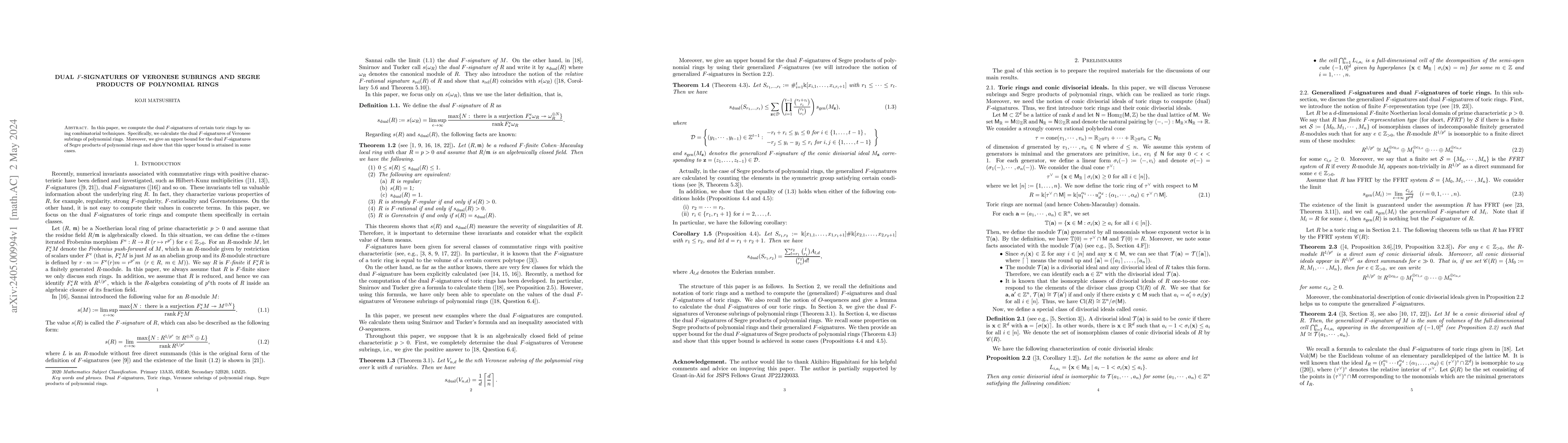 Thumbnail for Dual $F$-signatures of Veronese subrings and Segre products of
  polynomial rings