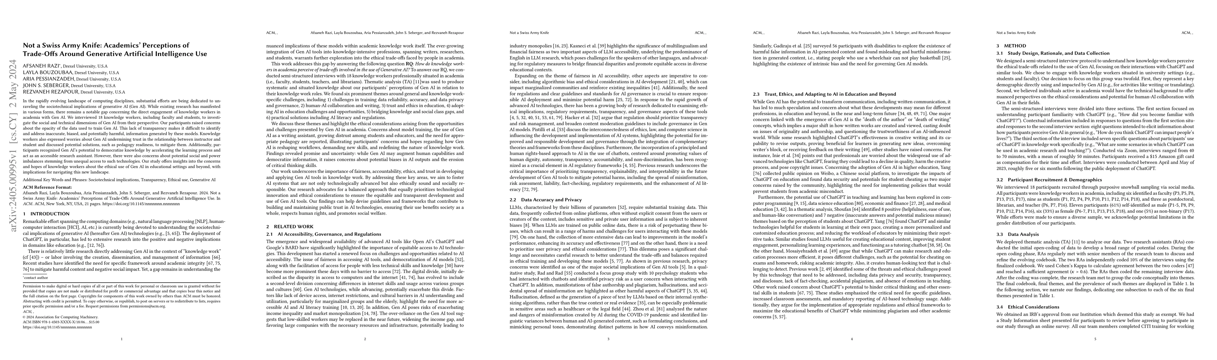Thumbnail for Not a Swiss Army Knife: Academics' Perceptions of Trade-Offs Around
  Generative Artificial Intelligence Use