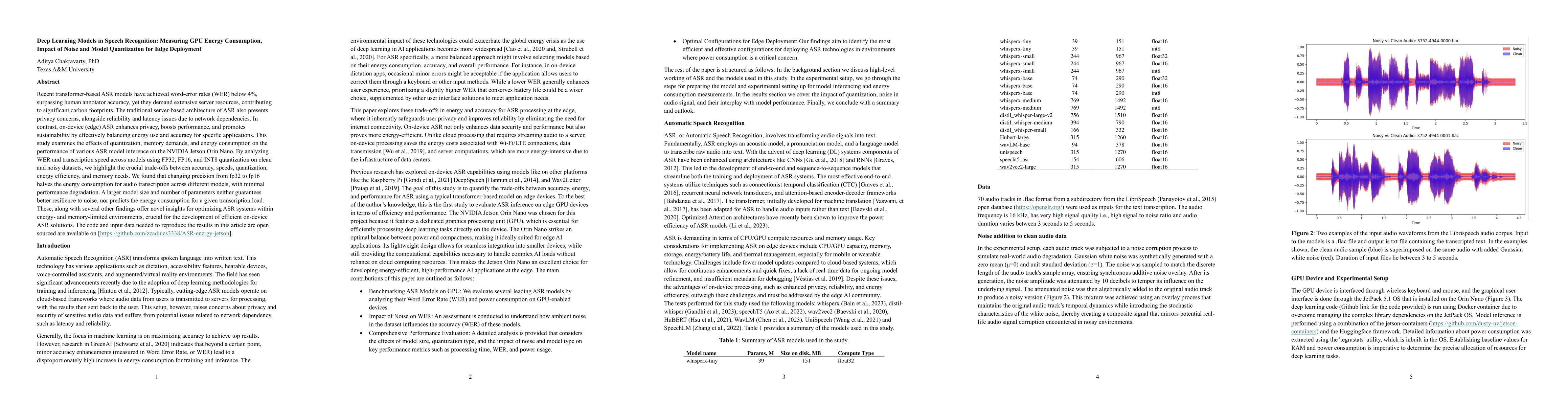 Thumbnail for Deep Learning Models in Speech Recognition: Measuring GPU Energy
  Consumption, Impact of Noise and Model Quantization for Edge Deployment