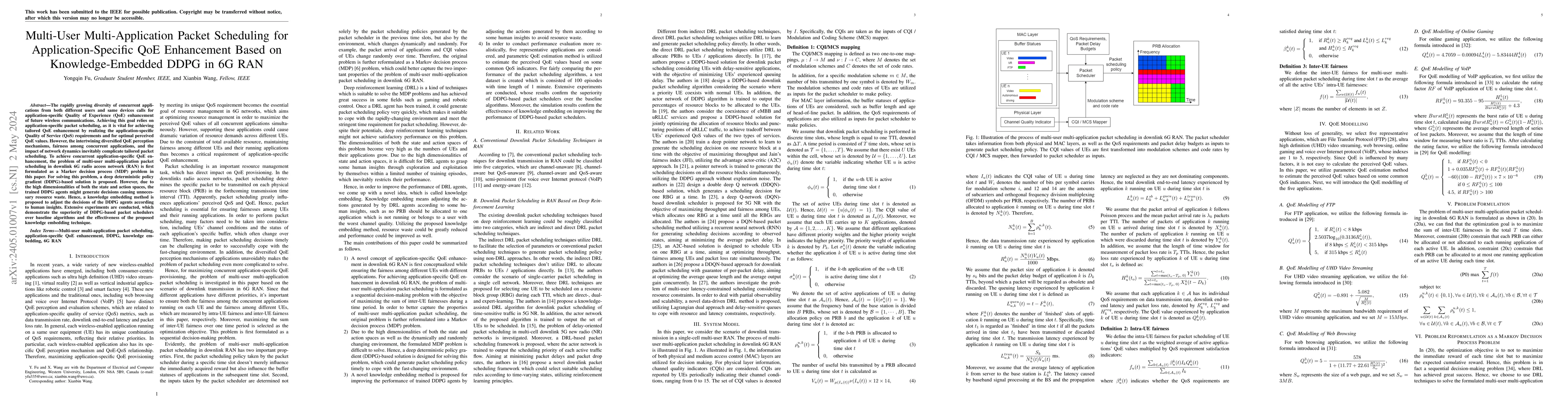 Thumbnail for Multi-User Multi-Application Packet Scheduling for Application-Specific
  QoE Enhancement Based on Knowledge-Embedded DDPG in 6G RAN