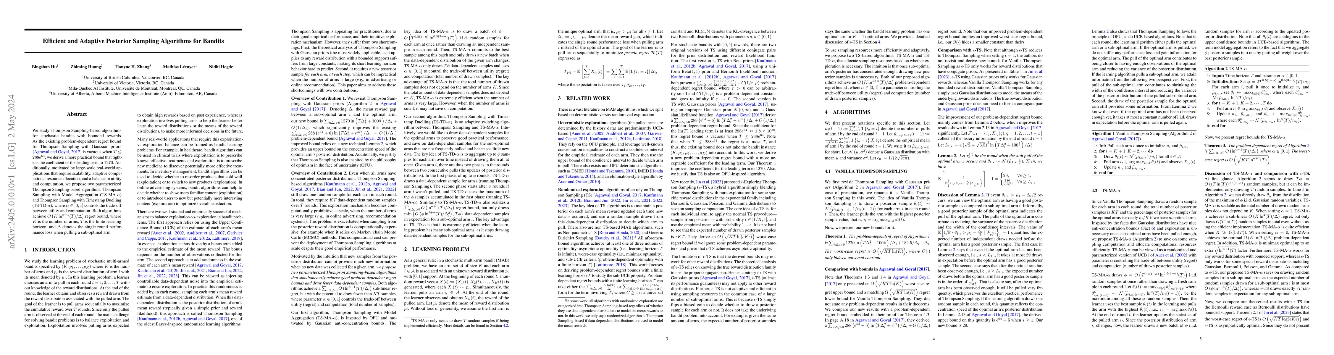 Thumbnail for Efficient and Adaptive Posterior Sampling Algorithms for Bandits