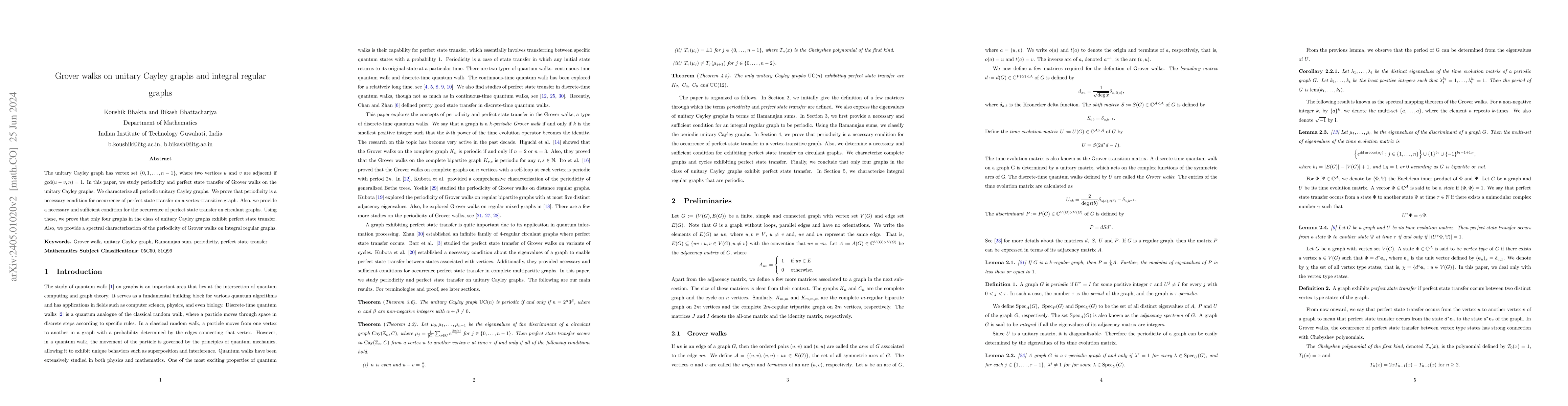 Thumbnail for Grover walks on unitary Cayley graphs and integral regular graphs