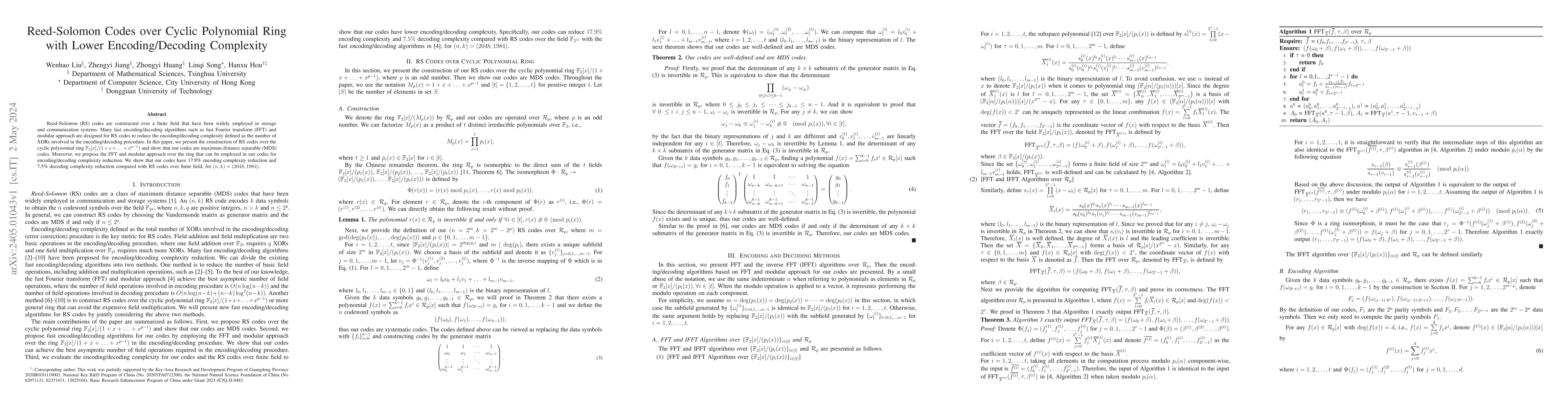 Thumbnail for Reed-Solomon Codes over Cyclic Polynomial Ring with Lower
  Encoding/Decoding Complexity