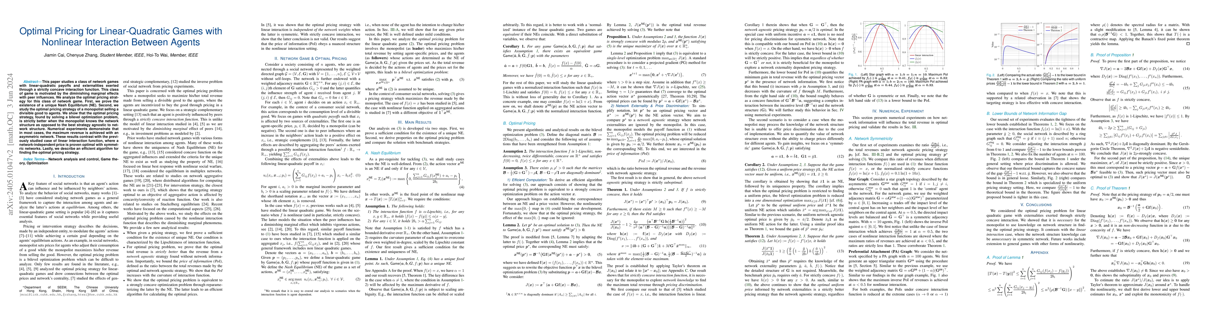 Thumbnail for Optimal Pricing for Linear-Quadratic Games with Nonlinear Interaction
  Between Agents