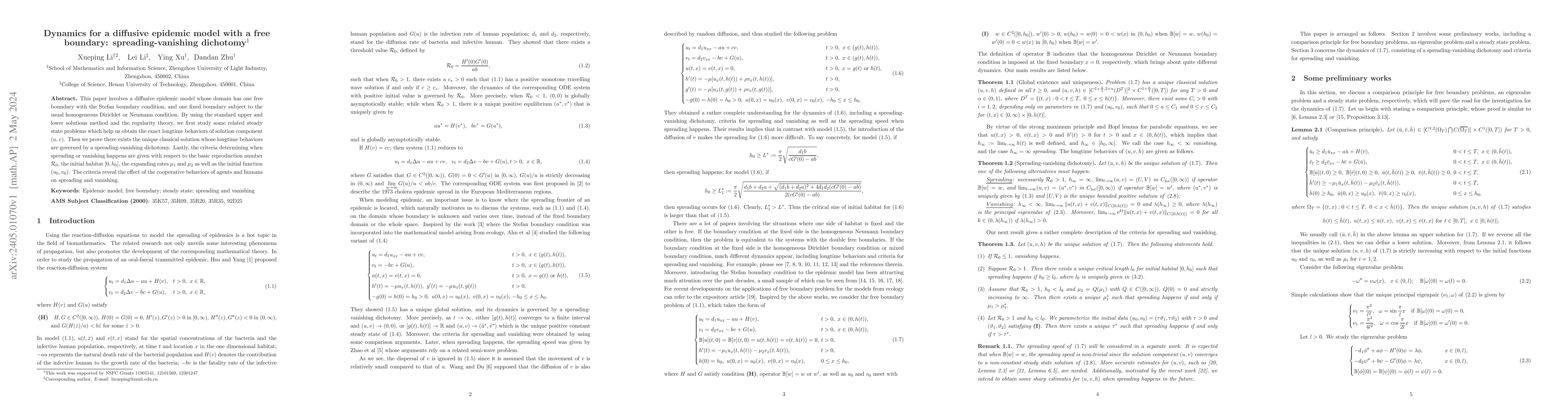 Thumbnail for Dynamics for a diffusive epidemic model with a free boundary:
  spreading-vanishing dichotomy