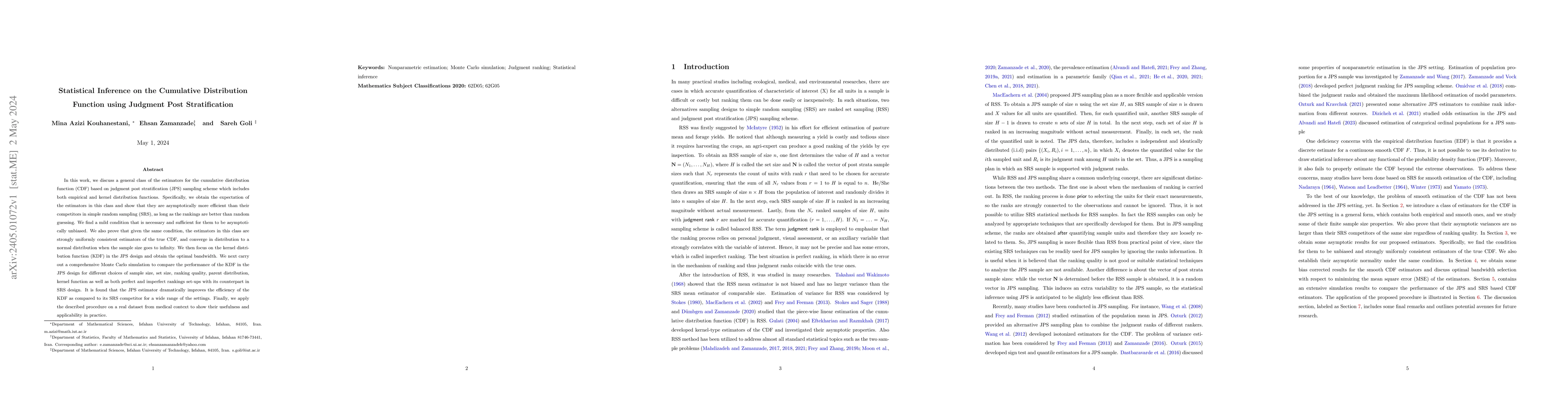 Thumbnail for Statistical Inference on the Cumulative Distribution Function using
  Judgment Post Stratification