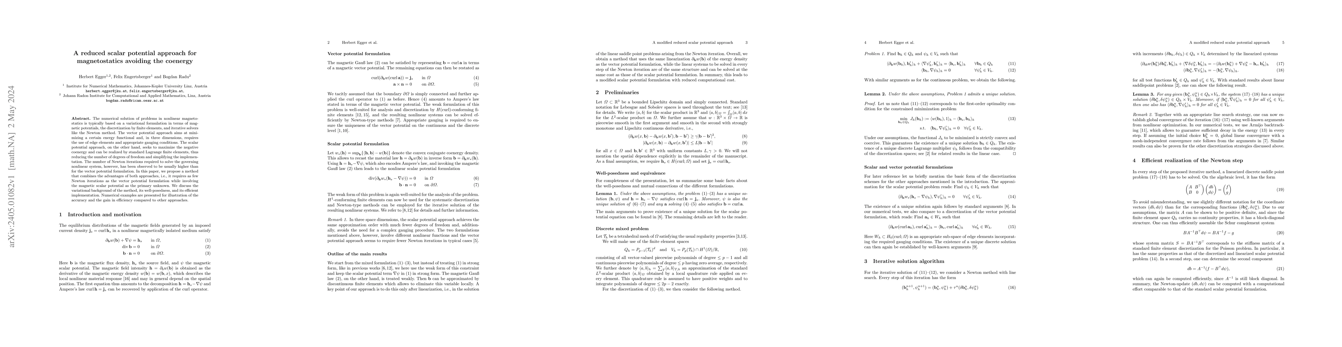 Thumbnail for A reduced scalar potential approach for magnetostatics avoiding the
  coenergy