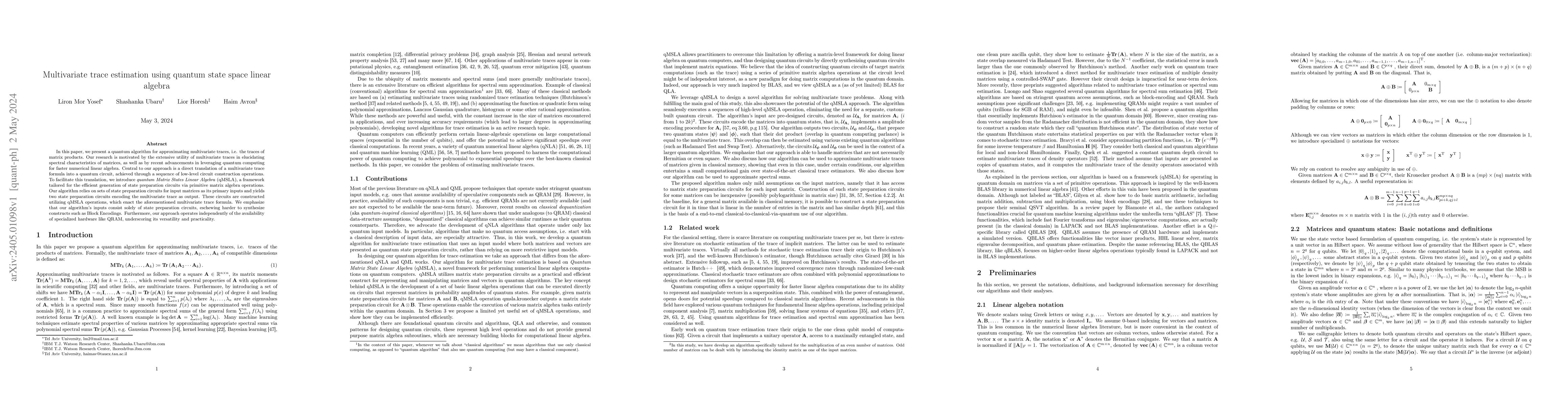 Thumbnail for Multivariate trace estimation using quantum state space linear algebra