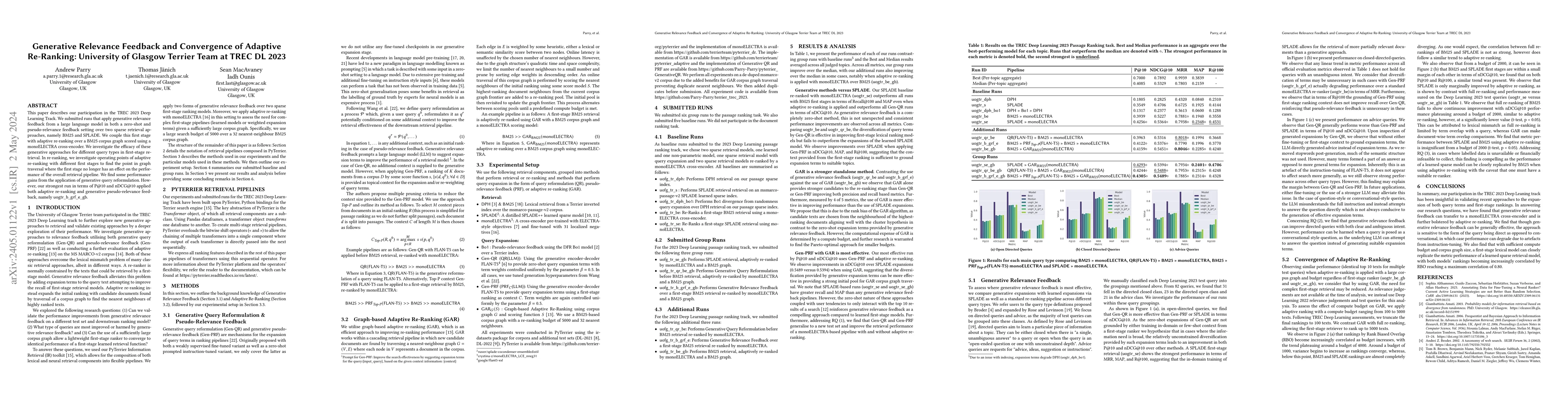 Thumbnail for Generative Relevance Feedback and Convergence of Adaptive Re-Ranking:
  University of Glasgow Terrier Team at TREC DL 2023