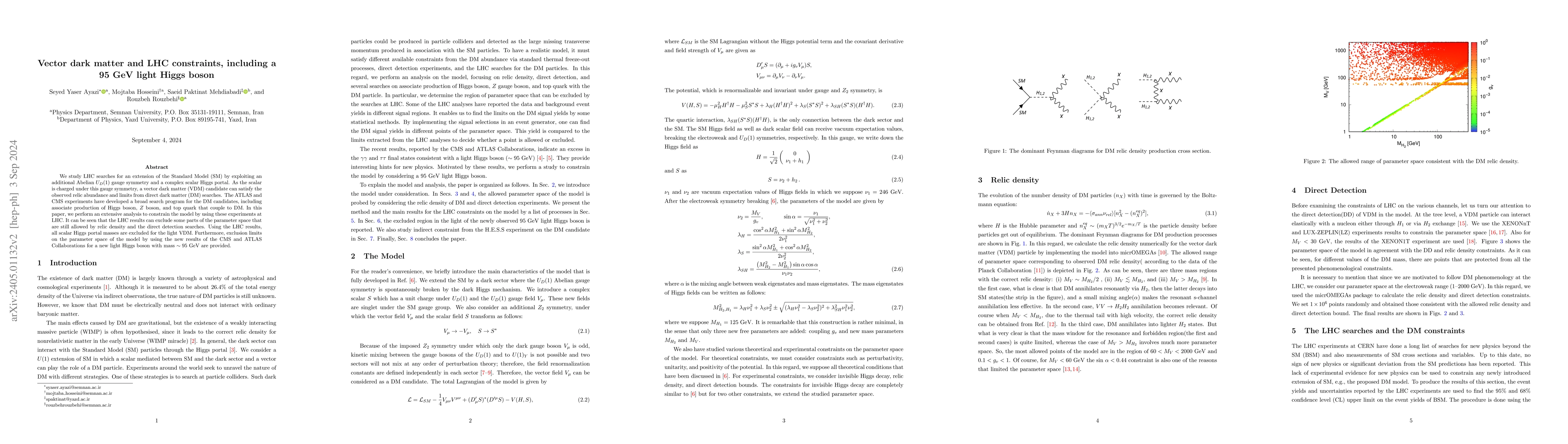 Thumbnail for The Vector Dark Matter, LHC Constraints Including a 95 GeV Light Higgs
  Boson