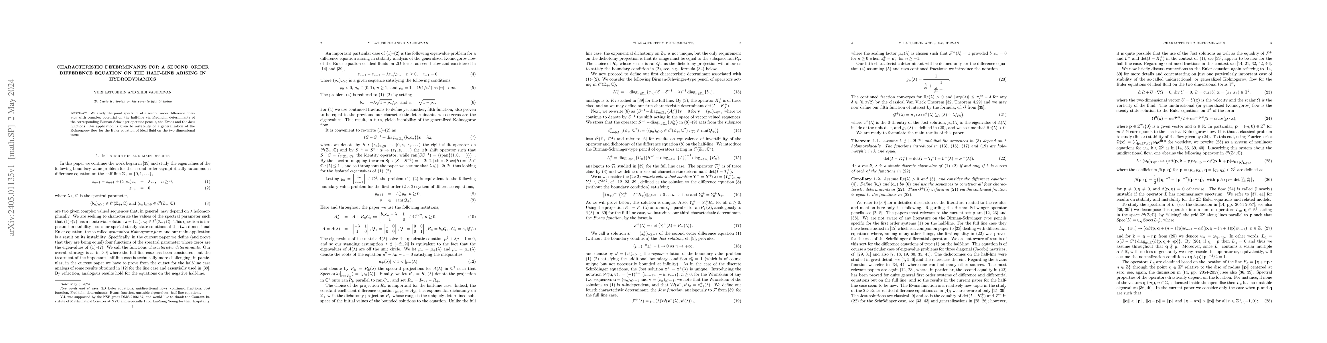 Thumbnail for Characteristic determinants for a second order difference equation on
  the half-line arising in hydrodynamics