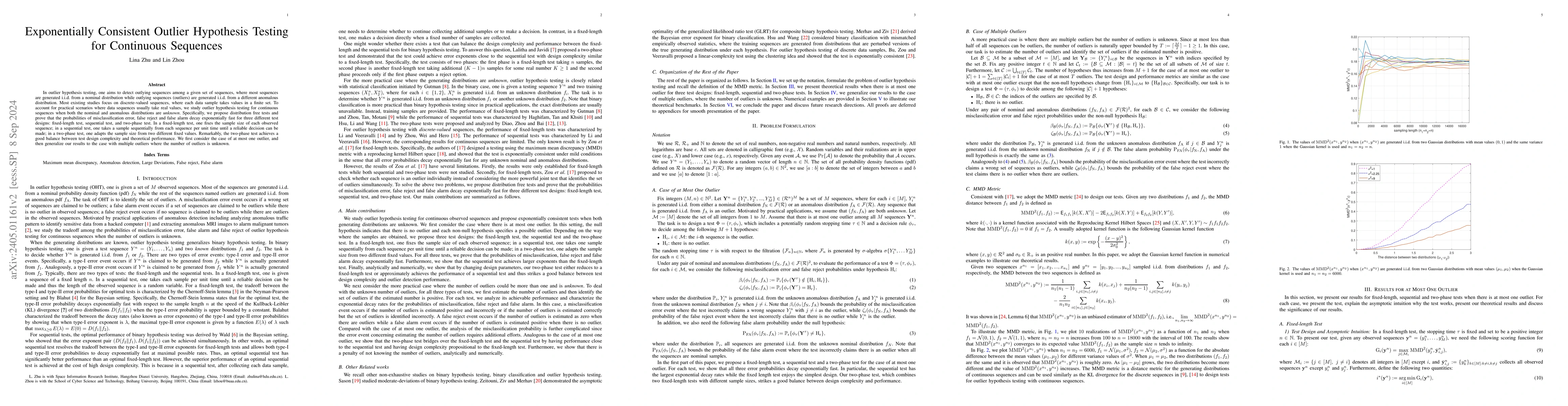 Thumbnail for Exponentially Consistent Outlier Hypothesis Testing for Continuous
  Sequences