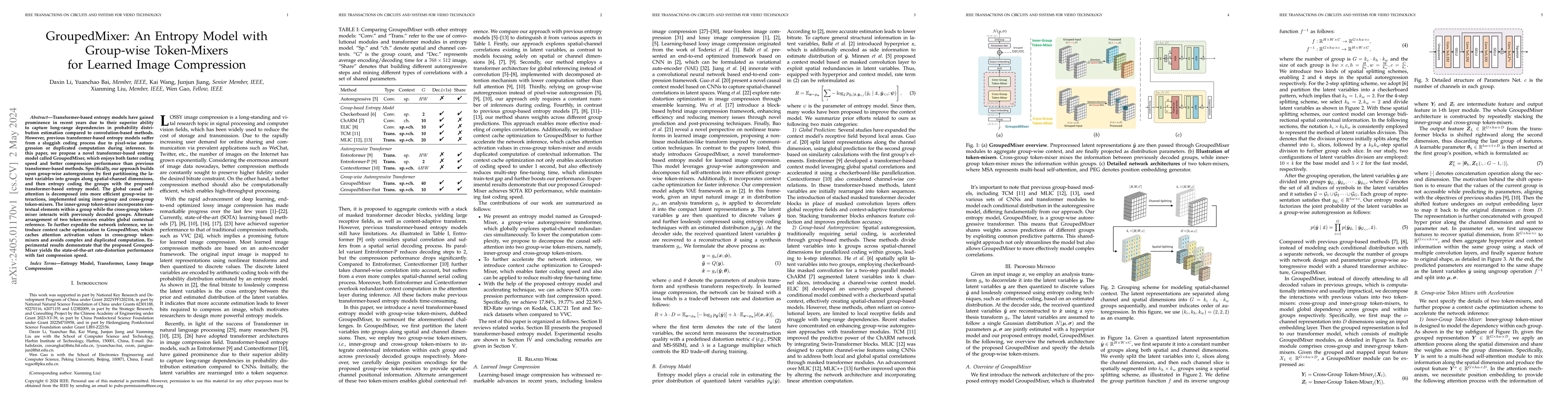 Thumbnail for GroupedMixer: An Entropy Model with Group-wise Token-Mixers for Learned
  Image Compression