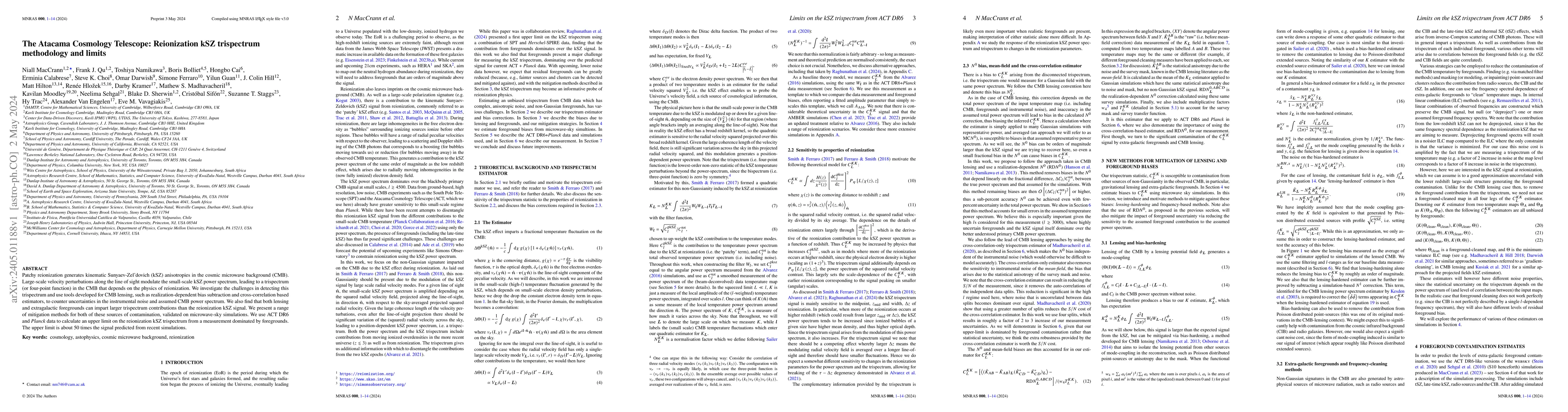 Thumbnail for The Atacama Cosmology Telescope: Reionization kSZ trispectrum
  methodology and limits