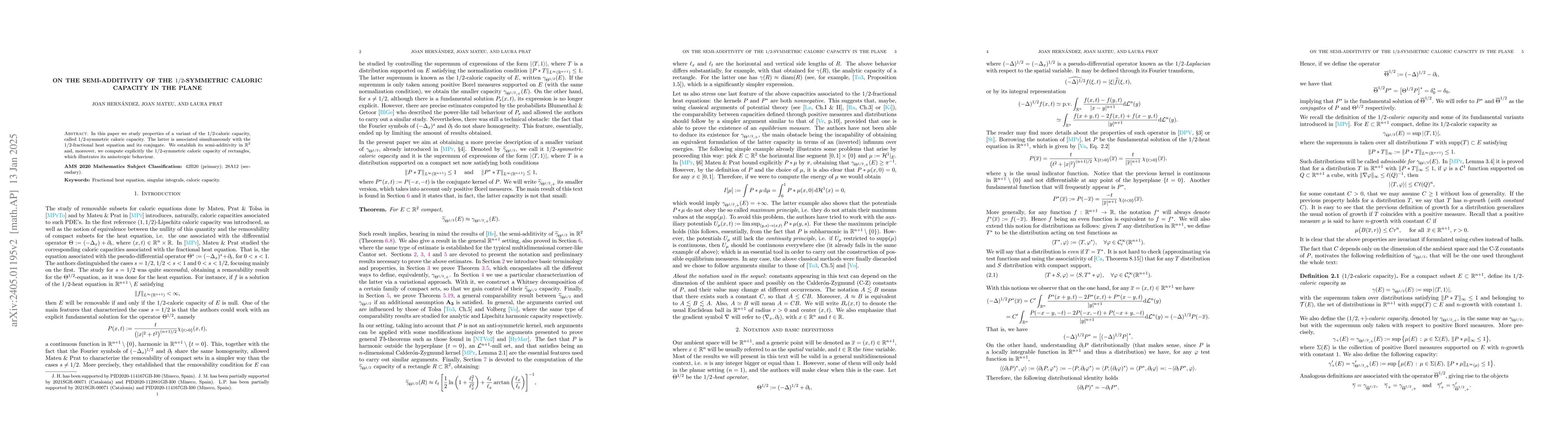 Thumbnail for On the semi-additivity of the $1/2$-symmetric caloric capacity in the
  plane