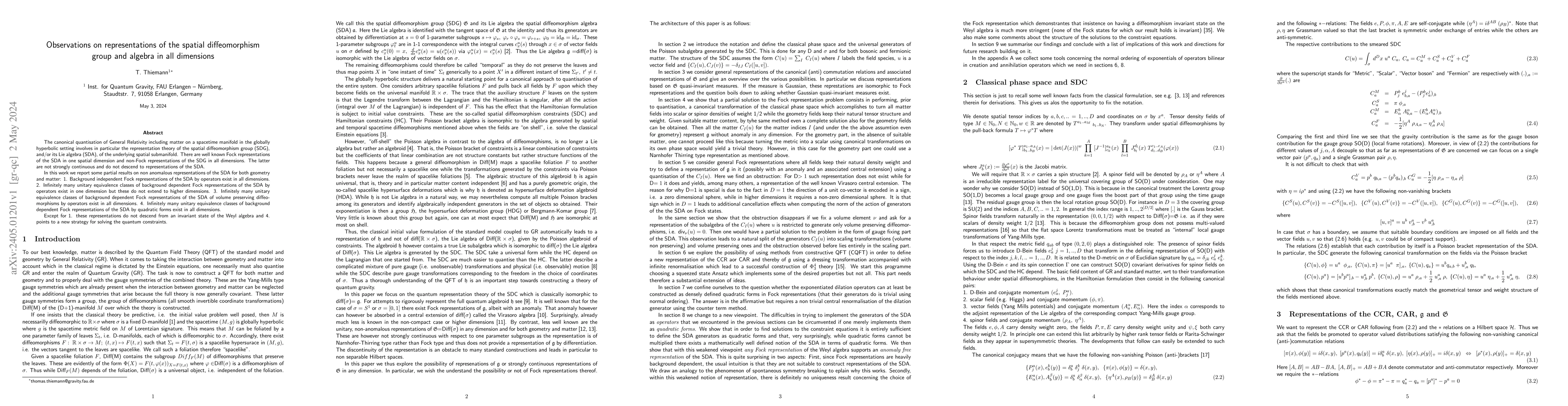 Thumbnail for Observations on representations of the spatial diffeomorphism group and
  algebra in all dimensions