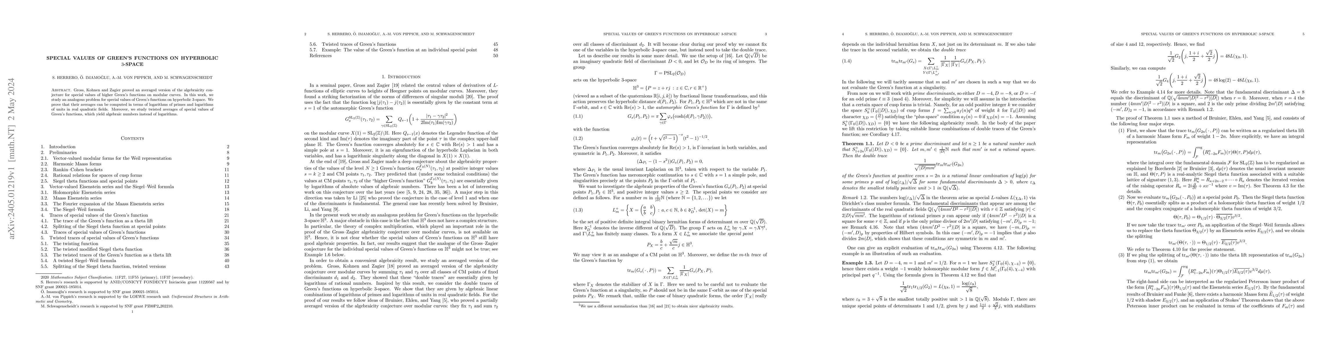 Thumbnail for Special values of Green's functions on hyperbolic $3$-space