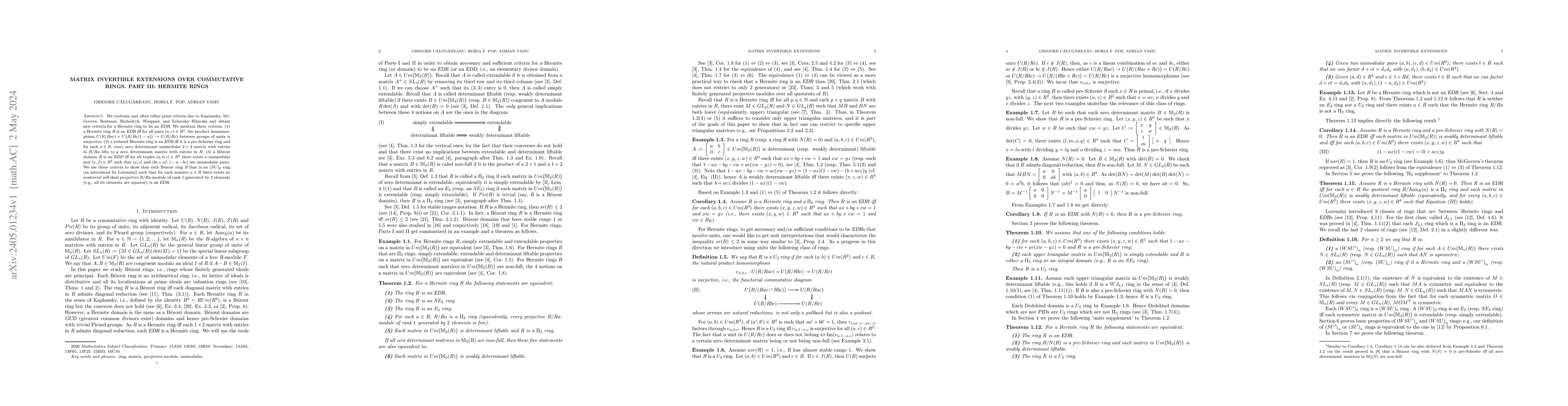 Thumbnail for Matrix invertible extensions over commutative rings. Part III: Hermite
  rings