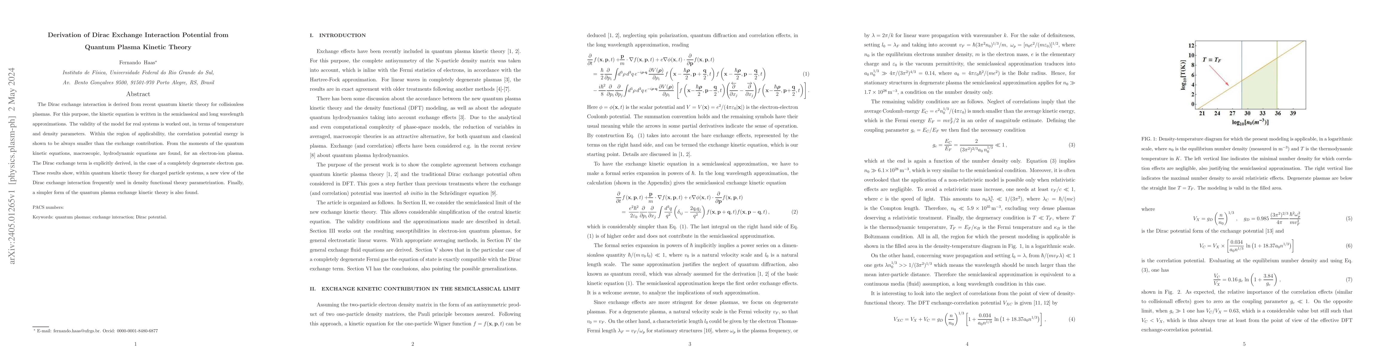 Thumbnail for Derivation of Dirac Exchange Interaction Potential from Quantum Plasma
  Kinetic Theory