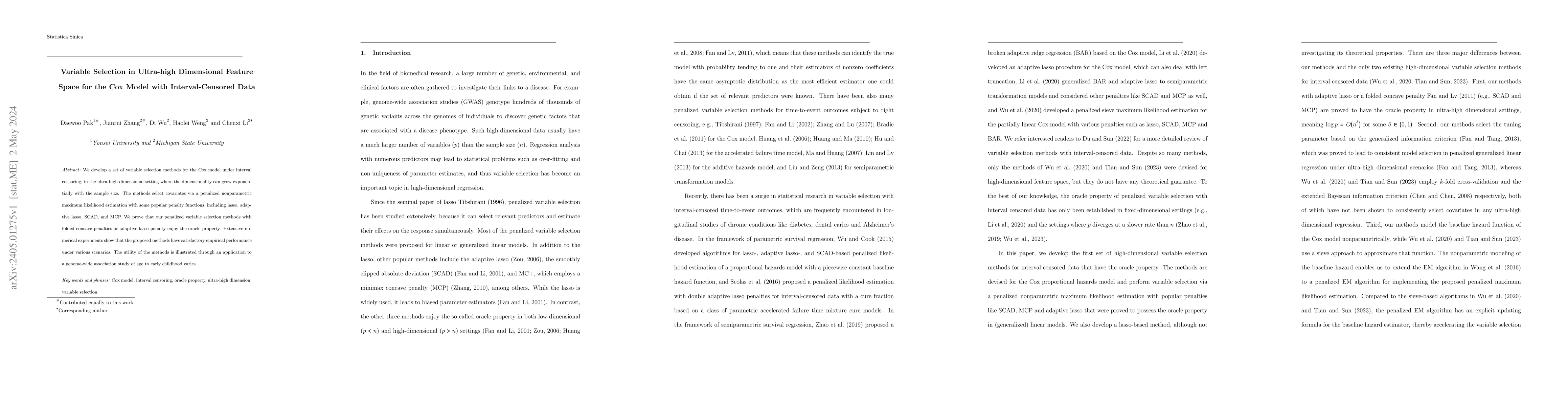Thumbnail for Variable Selection in Ultra-high Dimensional Feature Space for the Cox
  Model with Interval-Censored Data