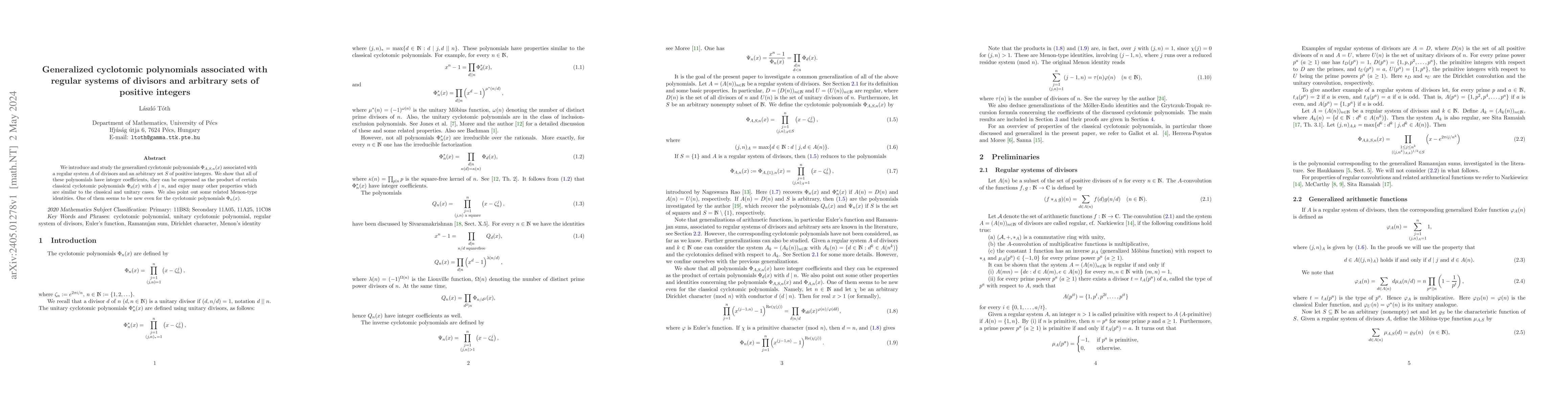 Thumbnail for Generalized cyclotomic polynomials associated with regular systems of
  divisors and arbitrary sets of positive integers