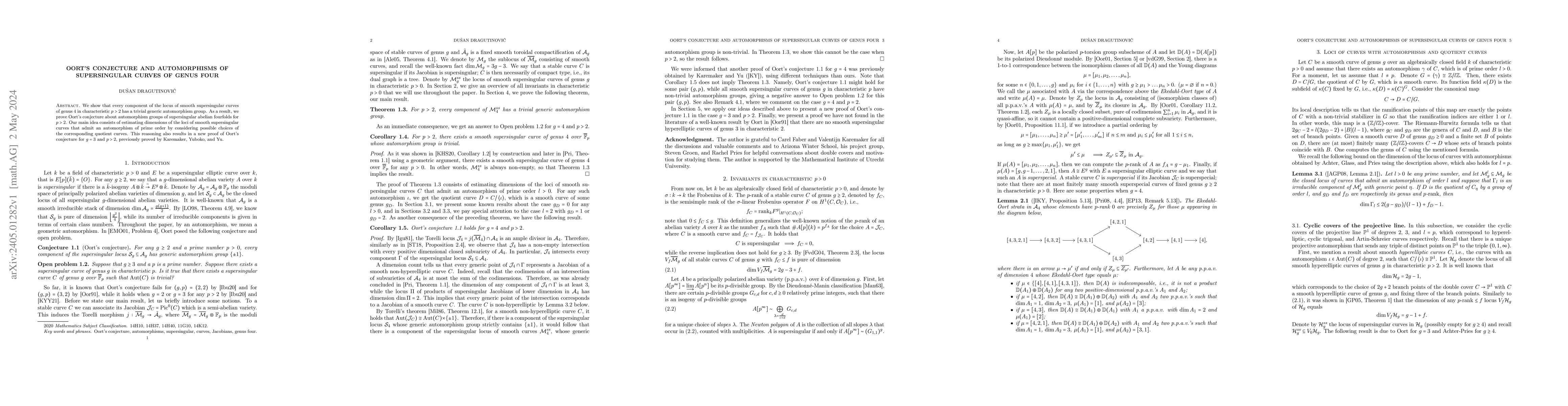 Thumbnail for Oort's conjecture and automorphisms of supersingular curves of genus
  four