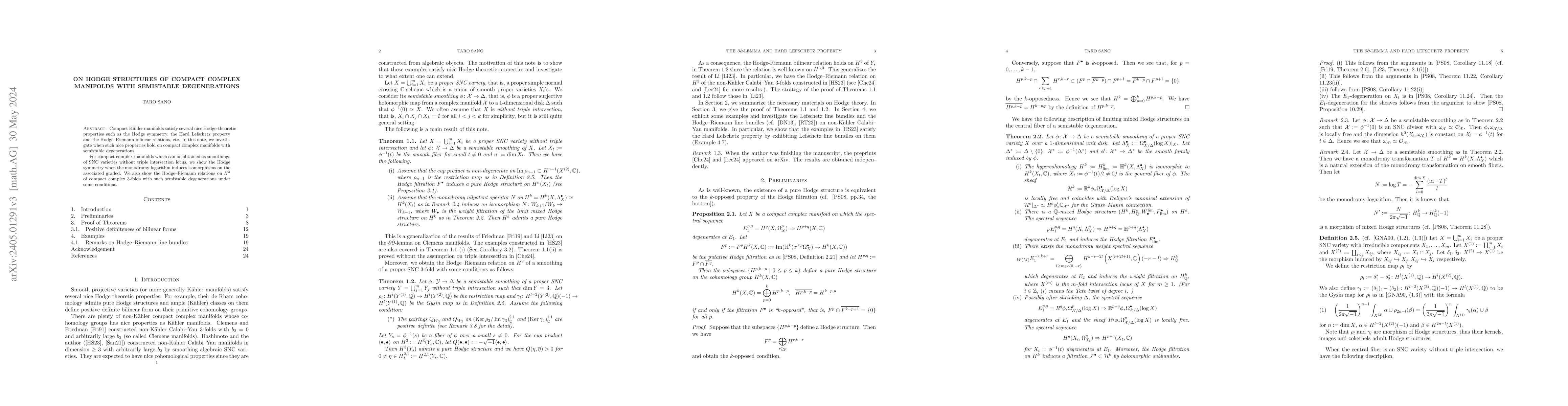 Thumbnail for On Hodge structures of compact complex manifolds with semistable
  degenerations