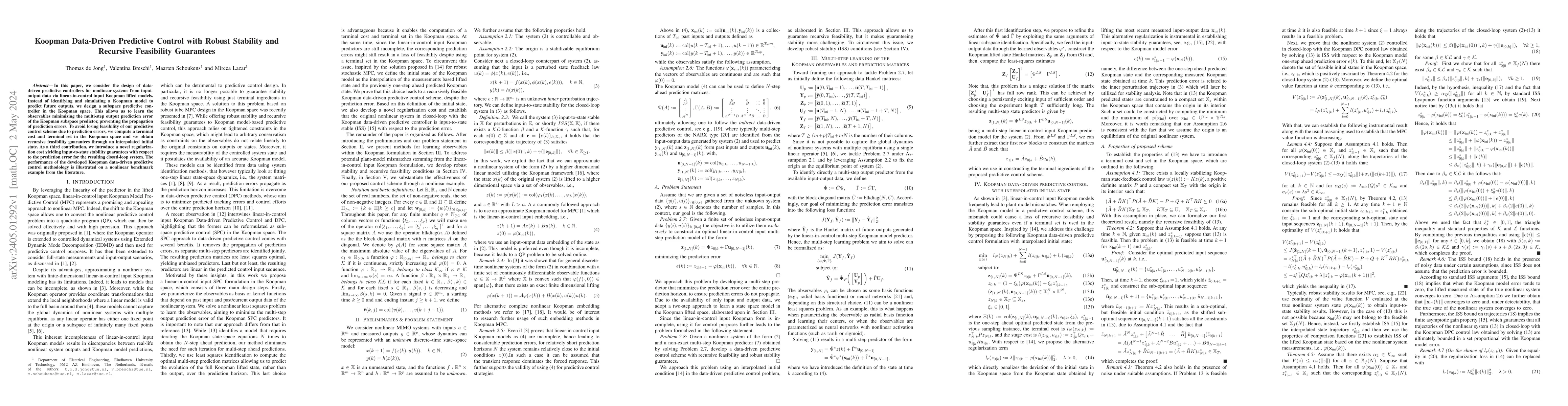 Thumbnail for Koopman Data-Driven Predictive Control with Robust Stability and
  Recursive Feasibility Guarantees