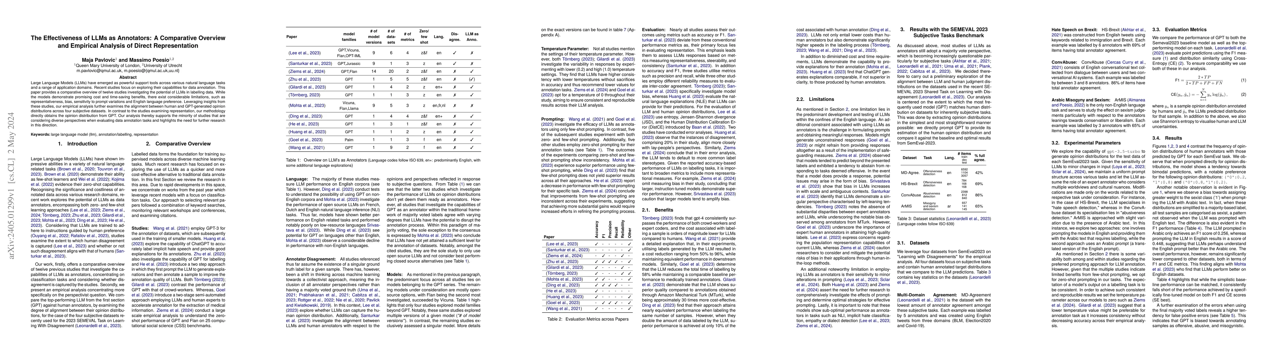 Thumbnail for The Effectiveness of LLMs as Annotators: A Comparative Overview and
  Empirical Analysis of Direct Representation