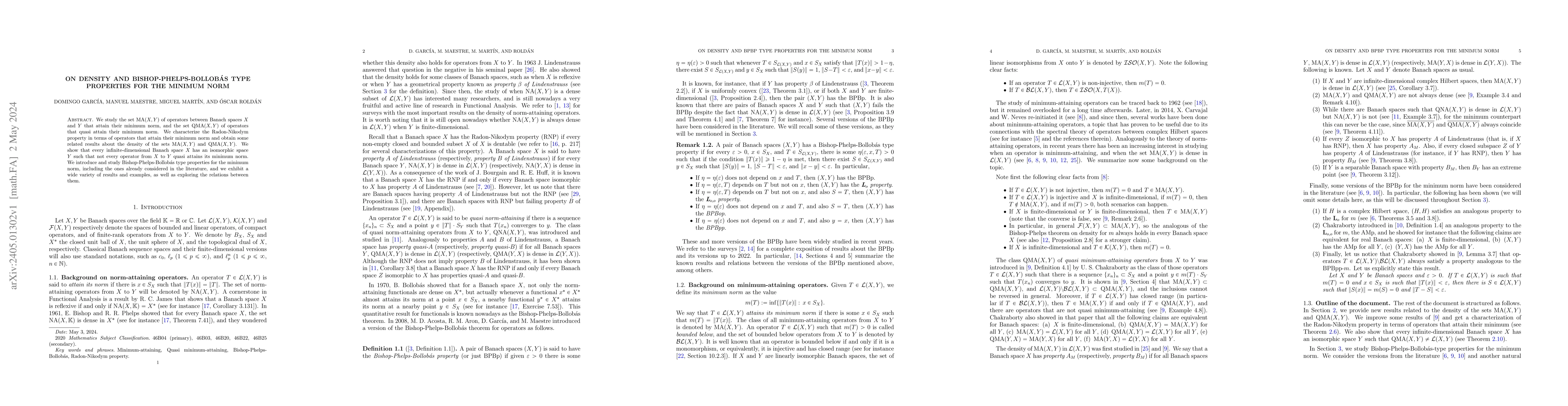 Thumbnail for On density and Bishop-Phelps-Bollob\'as type properties for the minimum
  norm