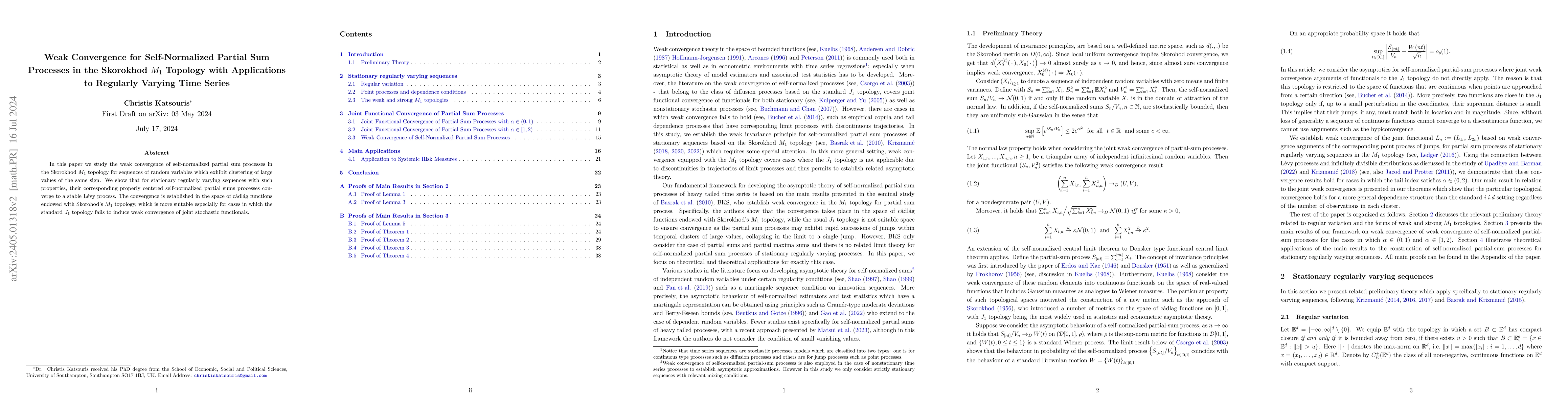 Thumbnail for Weak Convergence for Self-Normalized Partial Sum Processes in the
  Skorokhod M1 Topology with Applications to Regularly Varying Time Series