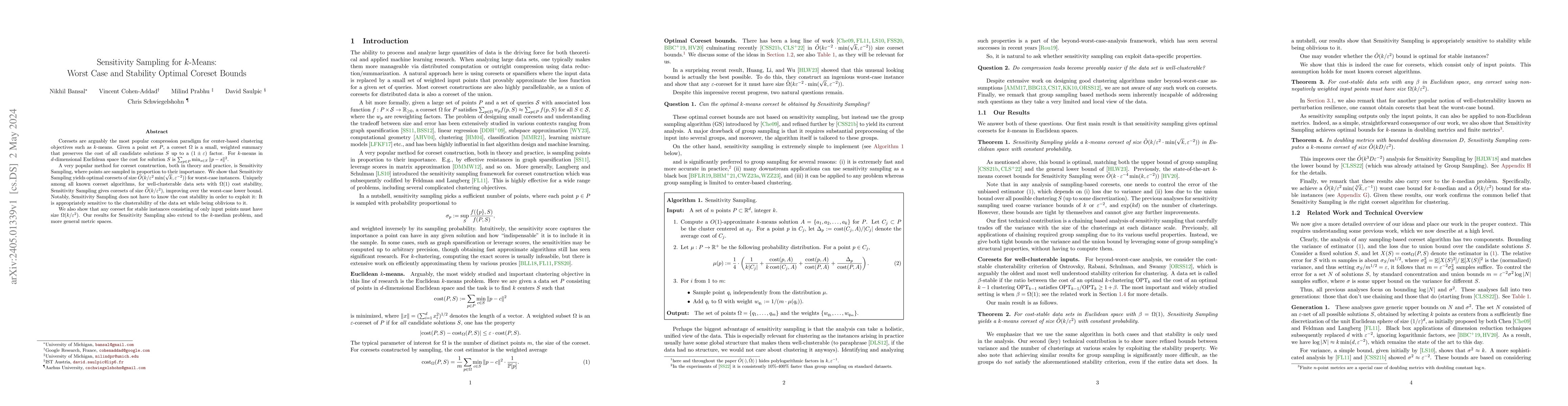 Thumbnail for Sensitivity Sampling for $k$-Means: Worst Case and Stability Optimal
  Coreset Bounds
