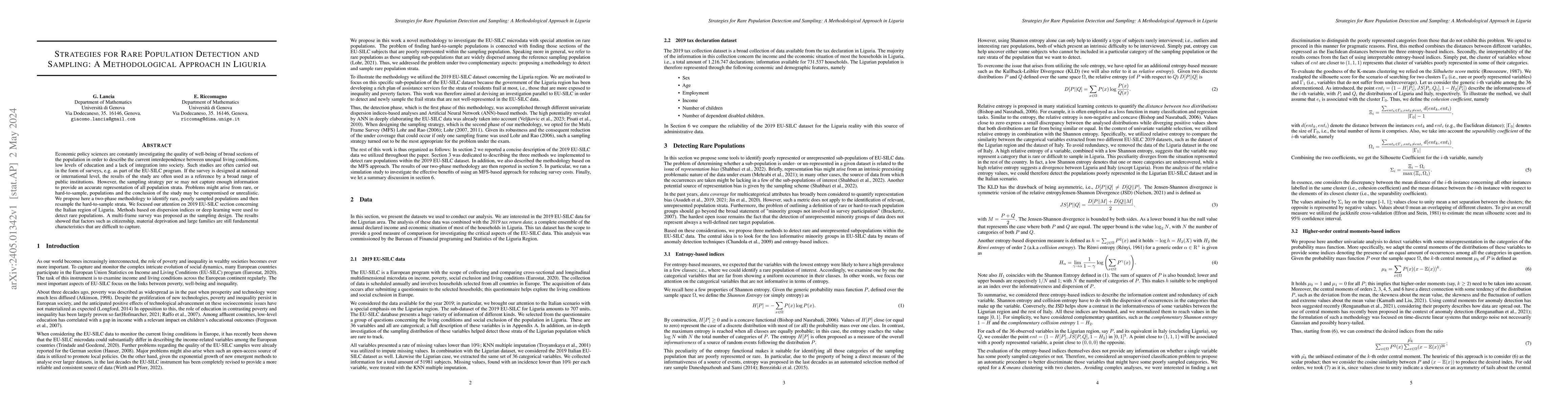 Thumbnail for Strategies for Rare Population Detection and Sampling: A Methodological
  Approach in Liguria