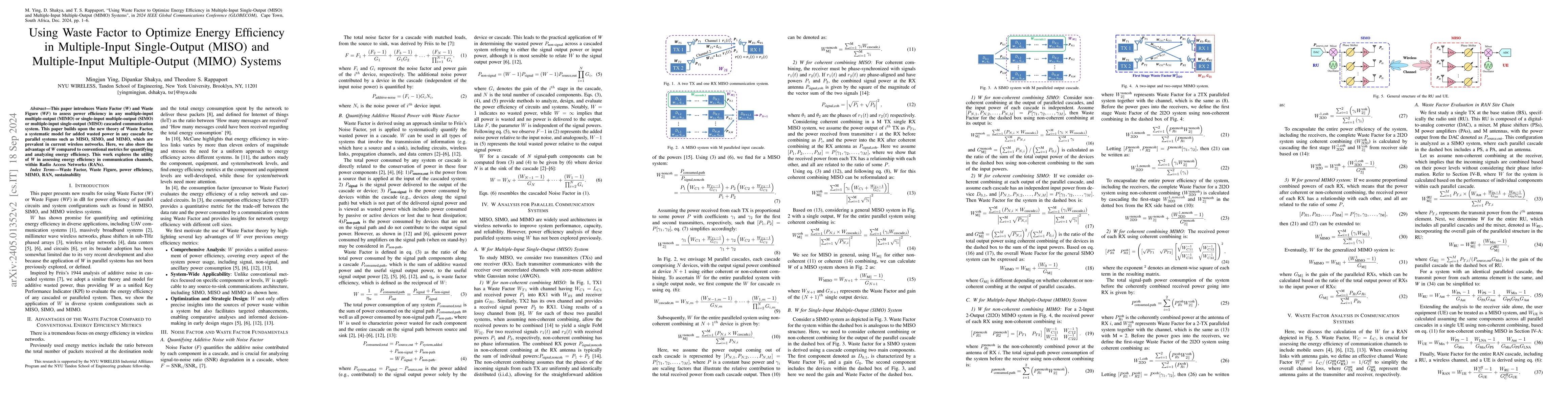 Thumbnail for Using Waste Factor to Optimize Energy Efficiency in Multiple-Input
  Single-Output (MISO) and Multiple-Input Multiple-Output (MIMO) Systems