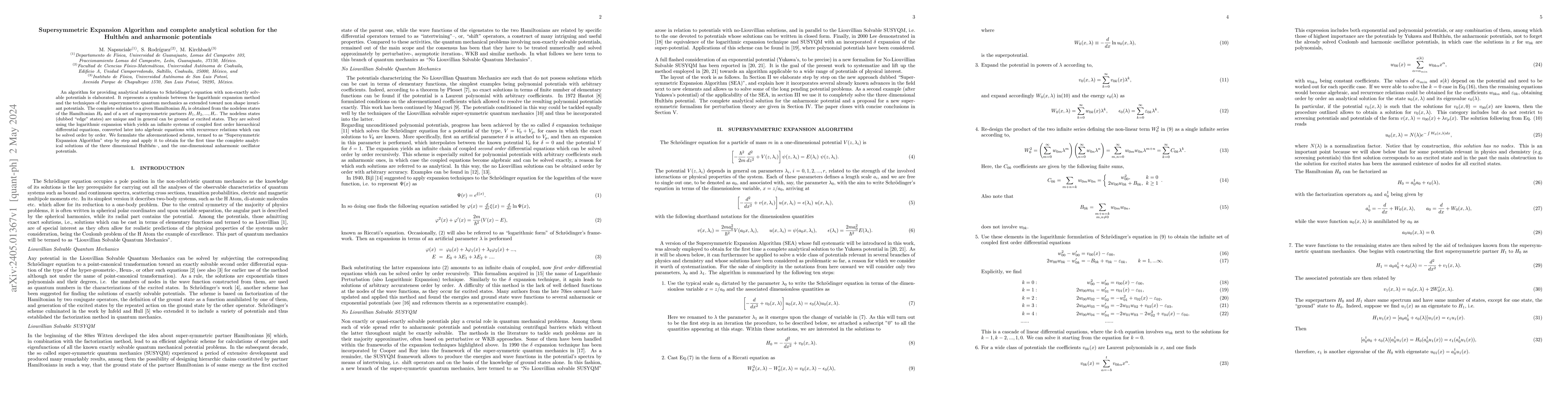 Thumbnail for Supersymmetric Expansion Algorithm and complete analytical solution for
  the Hulth\'en and anharmonic potentials