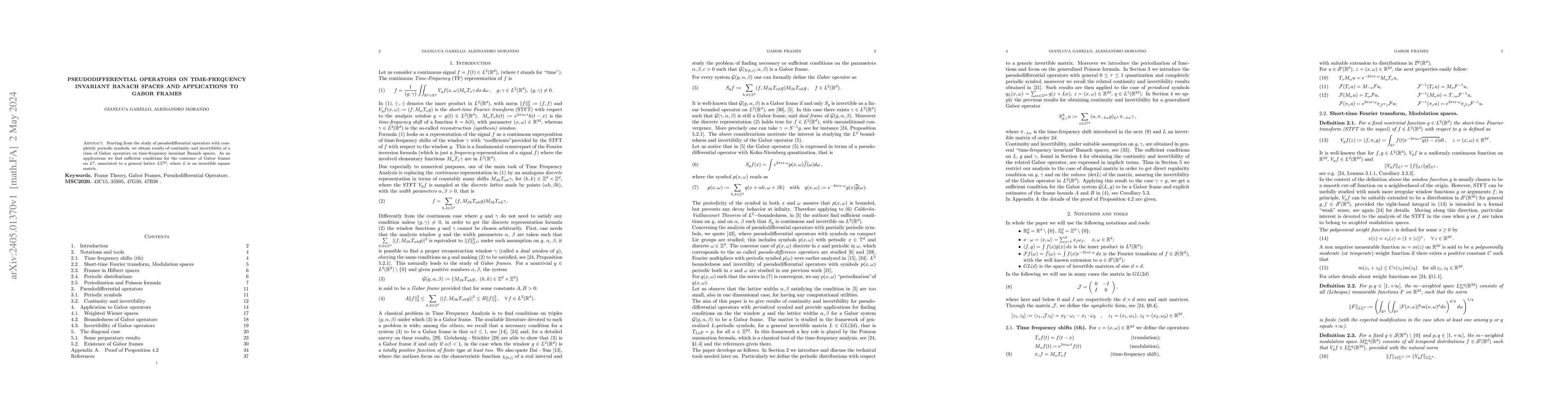 Thumbnail for Pseudodifferential operators on time-frequency invariant Banach spaces
  and applications to Gabor Frames