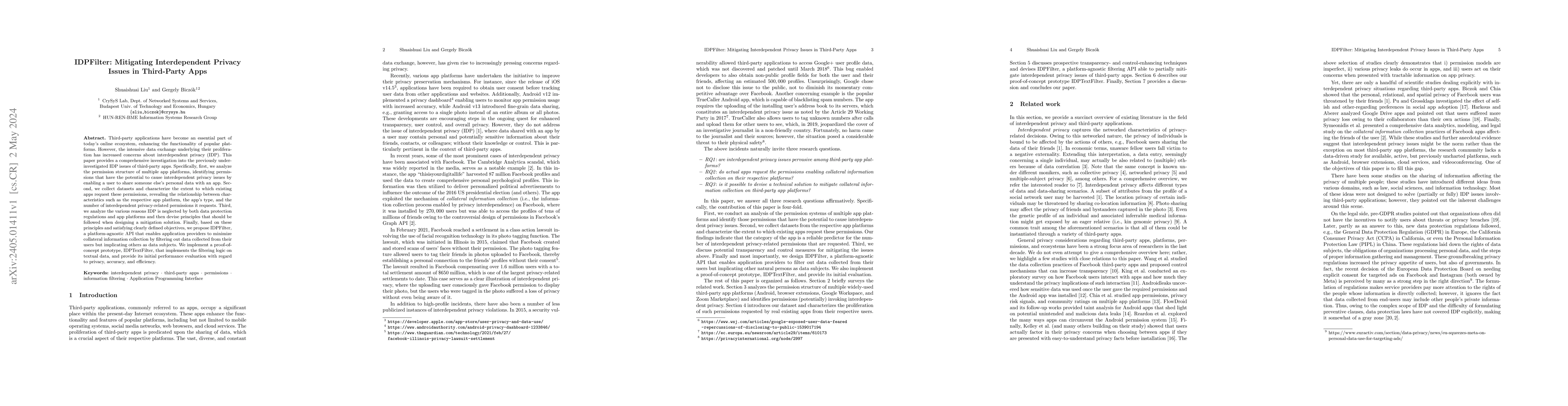 Thumbnail for IDPFilter: Mitigating Interdependent Privacy Issues in Third-Party Apps