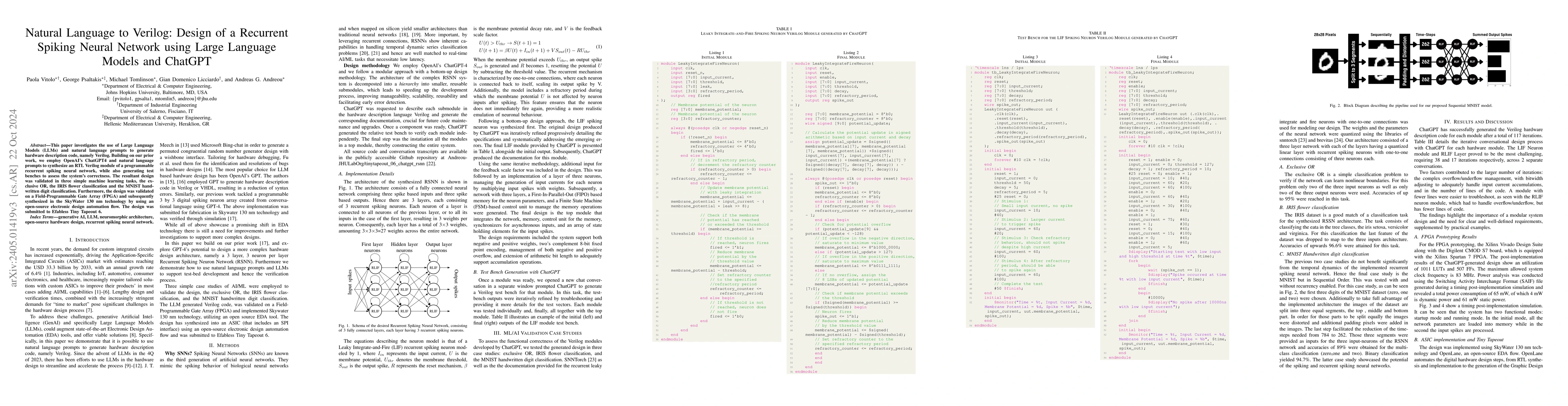 Thumbnail for Natural Language to Verilog: Design of a Recurrent Spiking Neural
  Network using Large Language Models and ChatGPT
