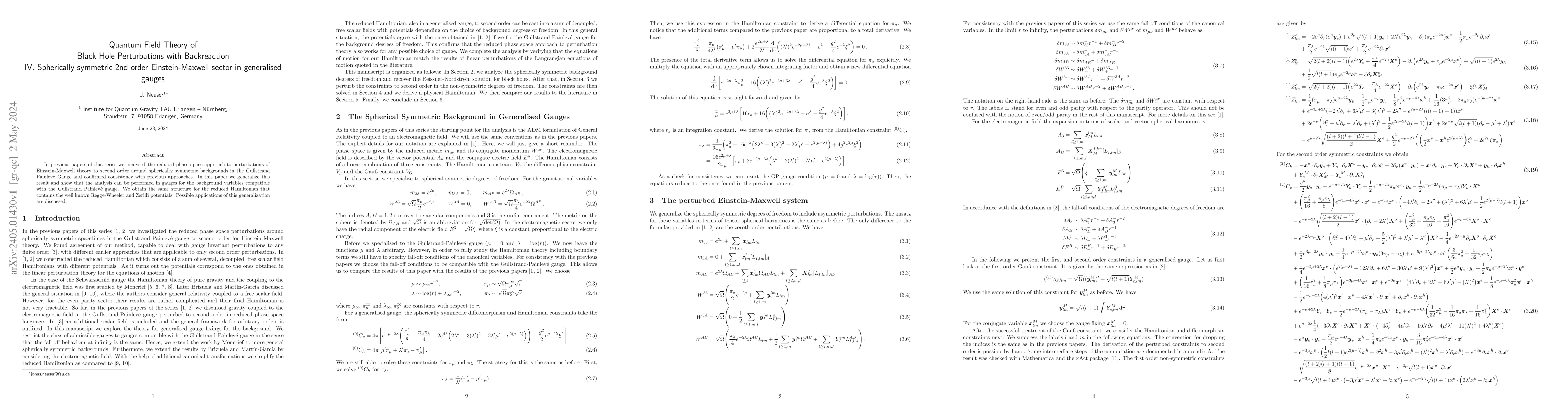 Thumbnail for Quantum Field Theory of Black Hole Perturbations with Backreaction IV.
  Spherically symmetric 2nd order Einstein-Maxwell sector in generalised gauges